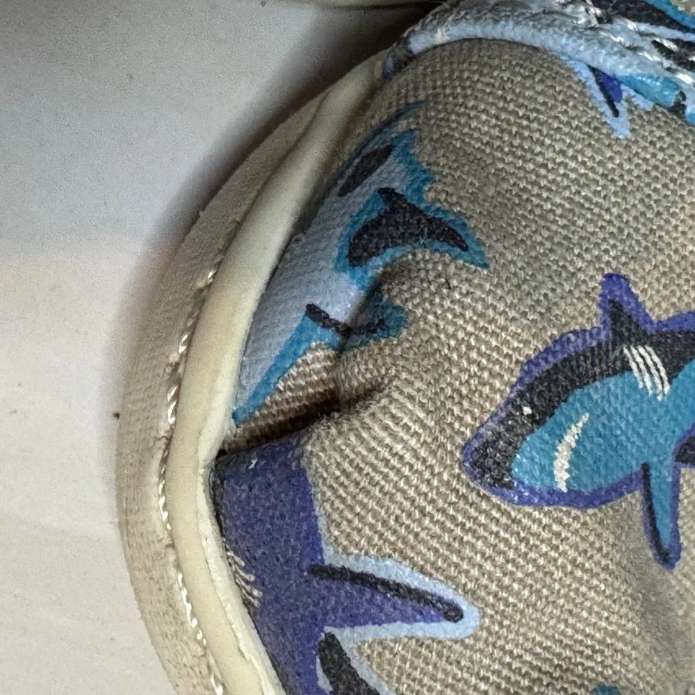 Toms Kids Shoes with Blue and Gray Shark Print. Size 10. Good Condition